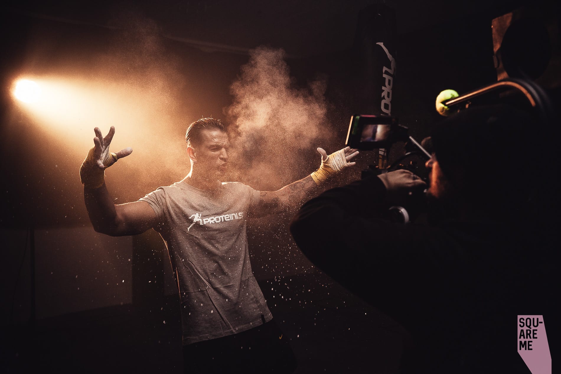 Squareme Proteini.si ad. Slovenian actor Igor Mikić makes dust cloud in front of the camera.