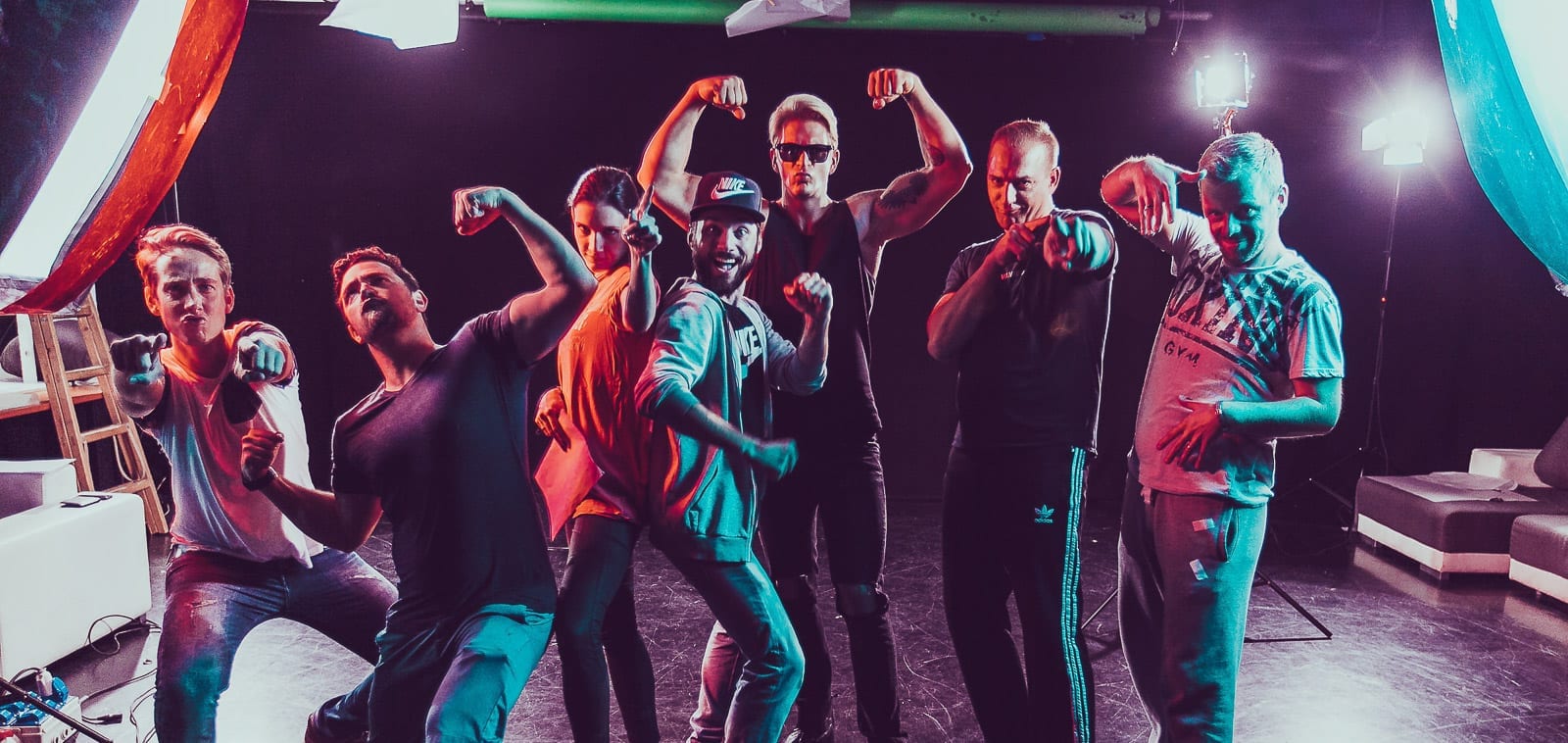 Squareme Alfa Mikić web series. The crew Sebastjan Oblak, Jan Kok, Sanja Raičević, Luka Štigl, Igor Mikić, Edin Latič and Ernest Fejzić posing for the camera in a studio with light in the background