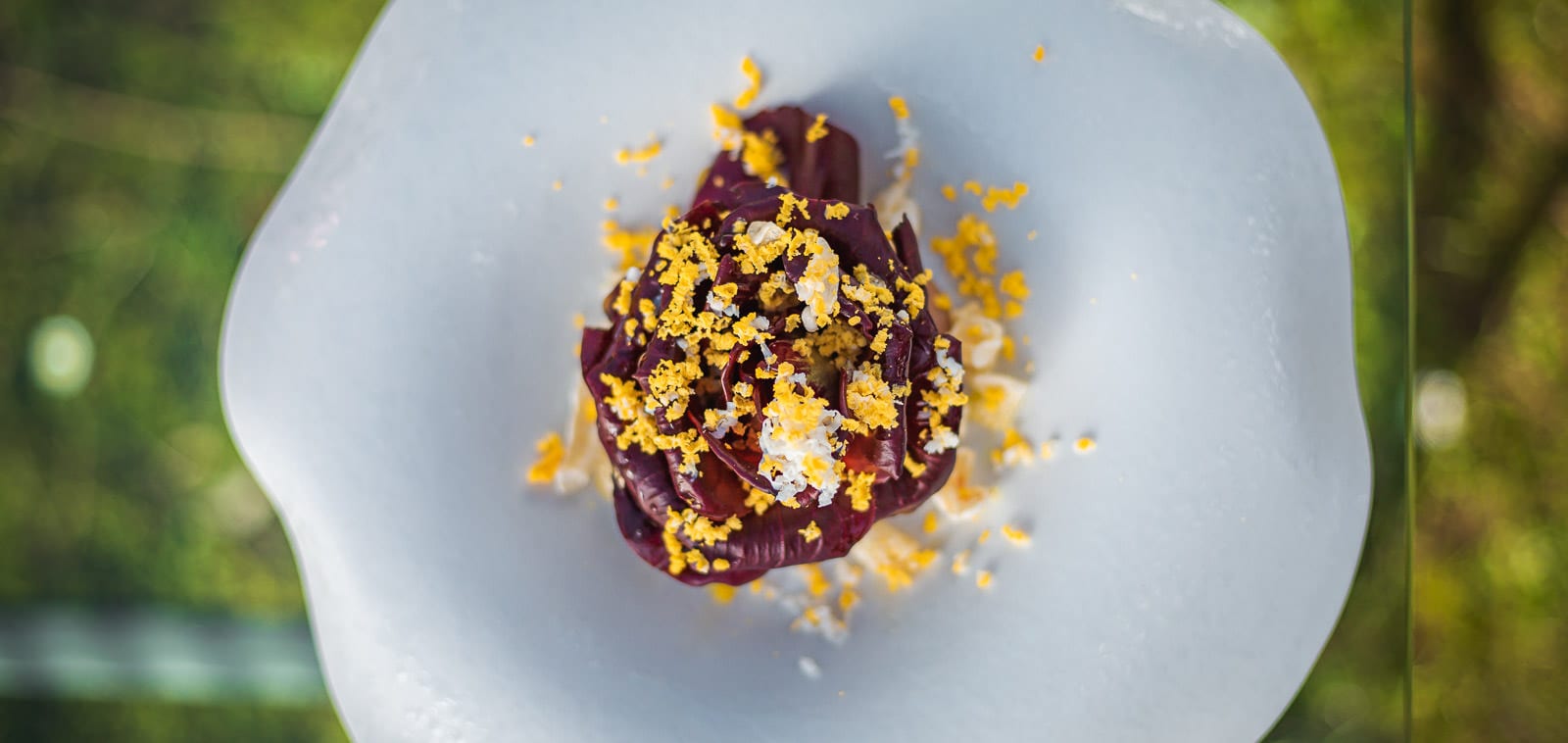 Squareme Mastercard Sous Chef campaign for Michelin star winners in Slovenia - a top down shot of a vibrant and lovely decorated gourmet plate